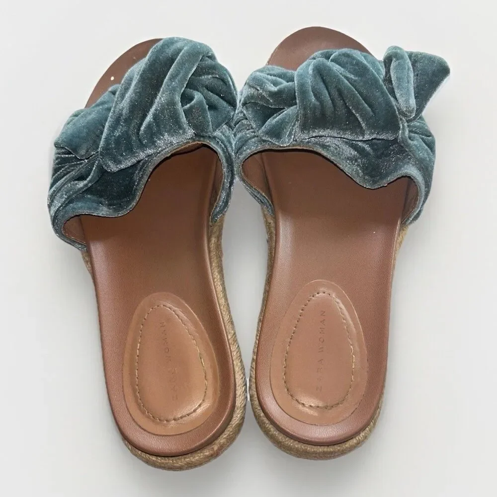 Zara Velvet Bow Sandals Slides Espadrilles 39 Blue Teal ‎ Open Toe Boho Classic